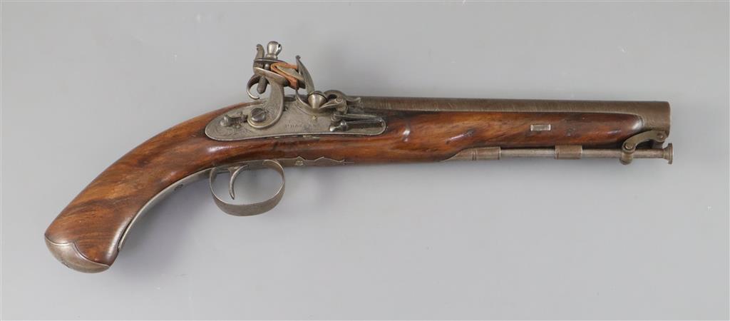 An early 19th century flintlock holster pistol, signed Prosser, length 15in.